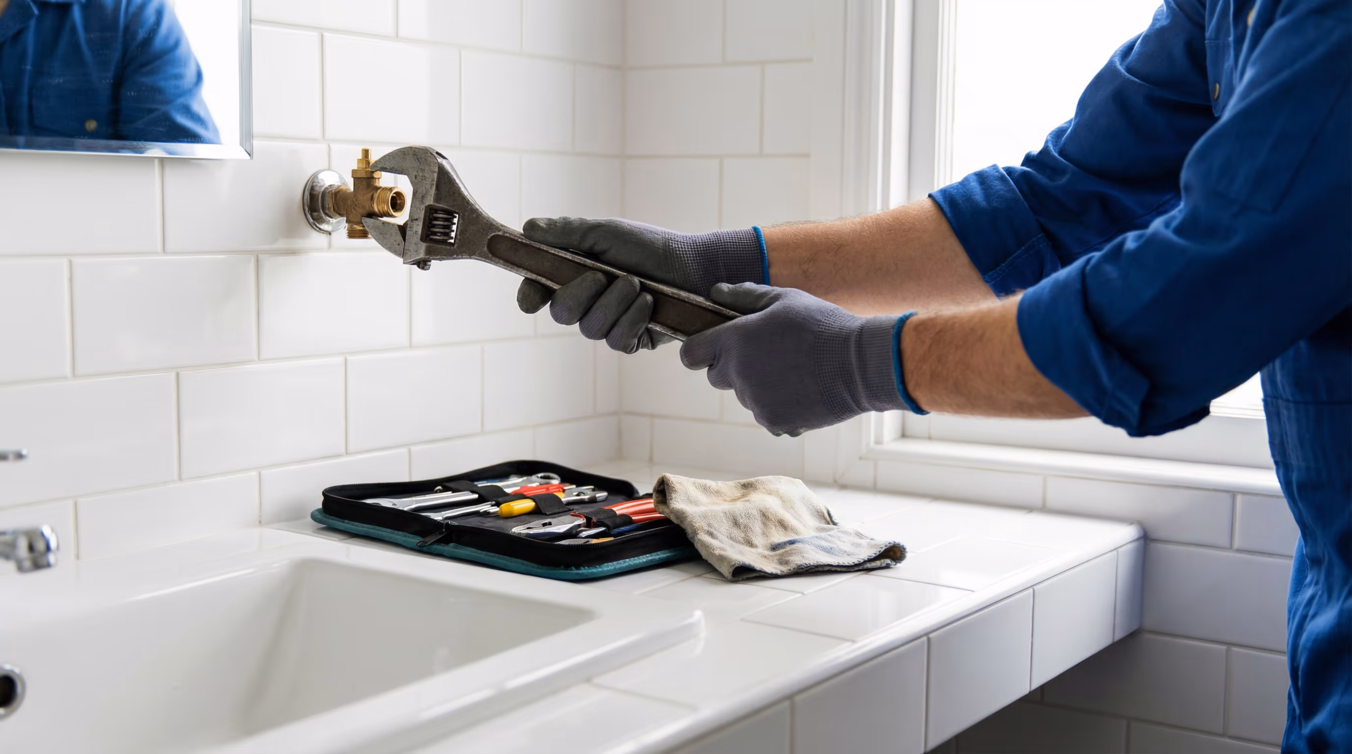 Encanador consertando registro de água com ferramentas profissionais