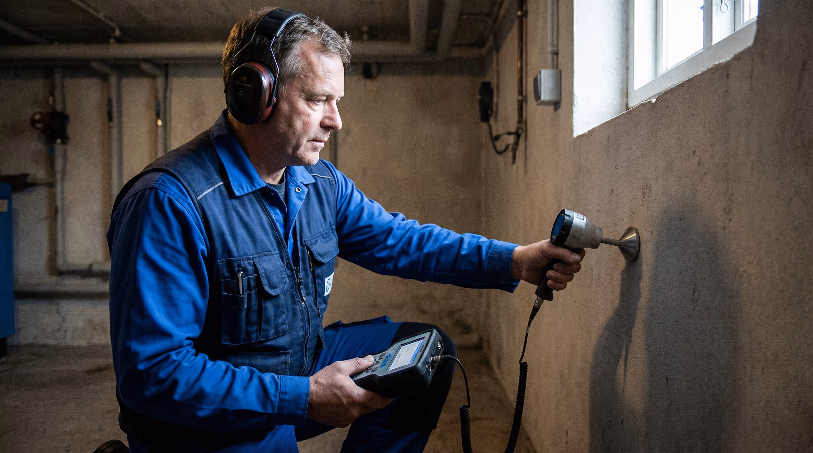 Técnico usando geofone para detectar vazamento dentro da parede