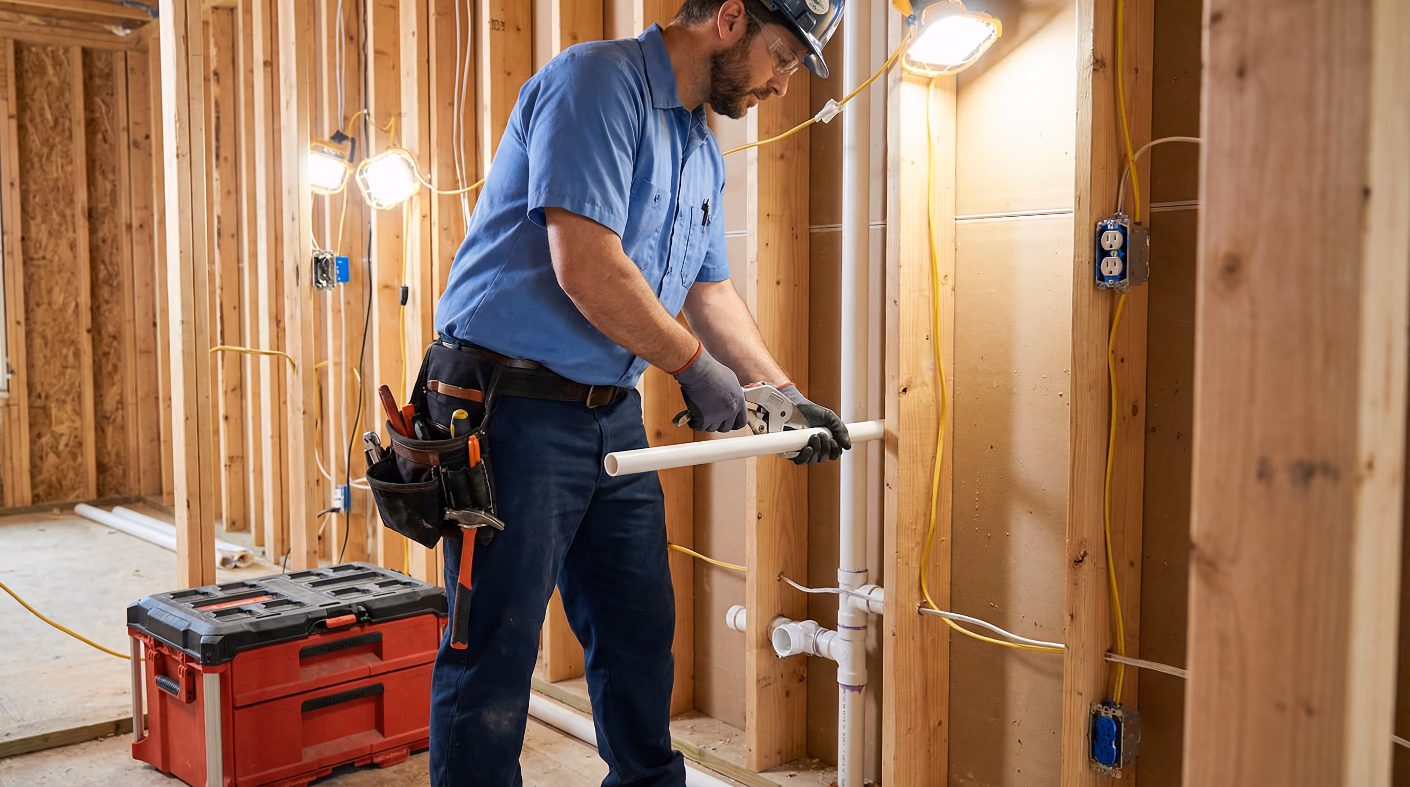 Encanador instalando tubulação moderna em residência