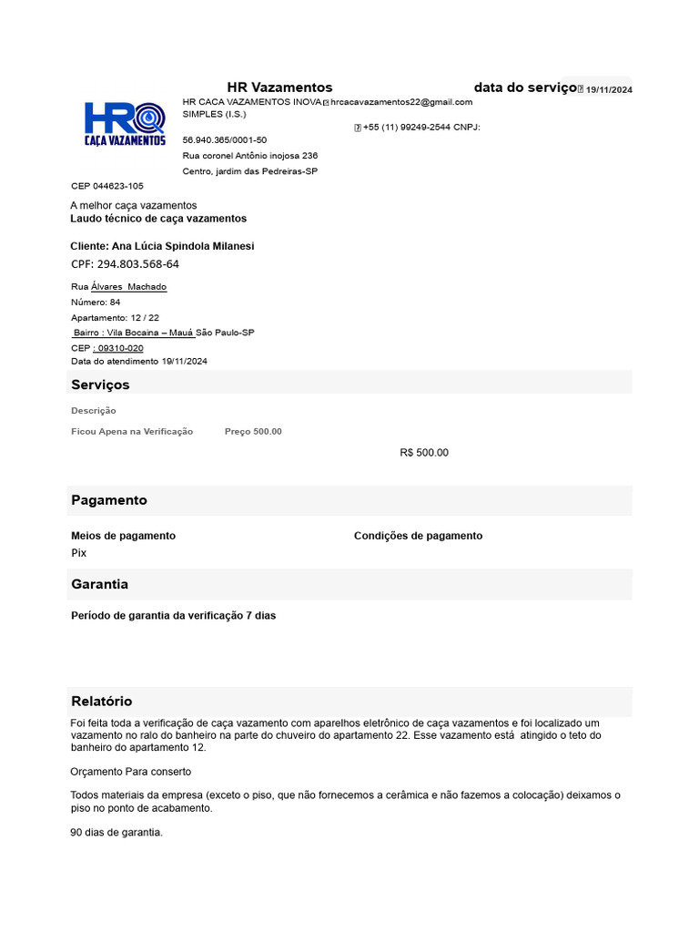 Exemplo de Laudo Técnico de Caça Vazamento