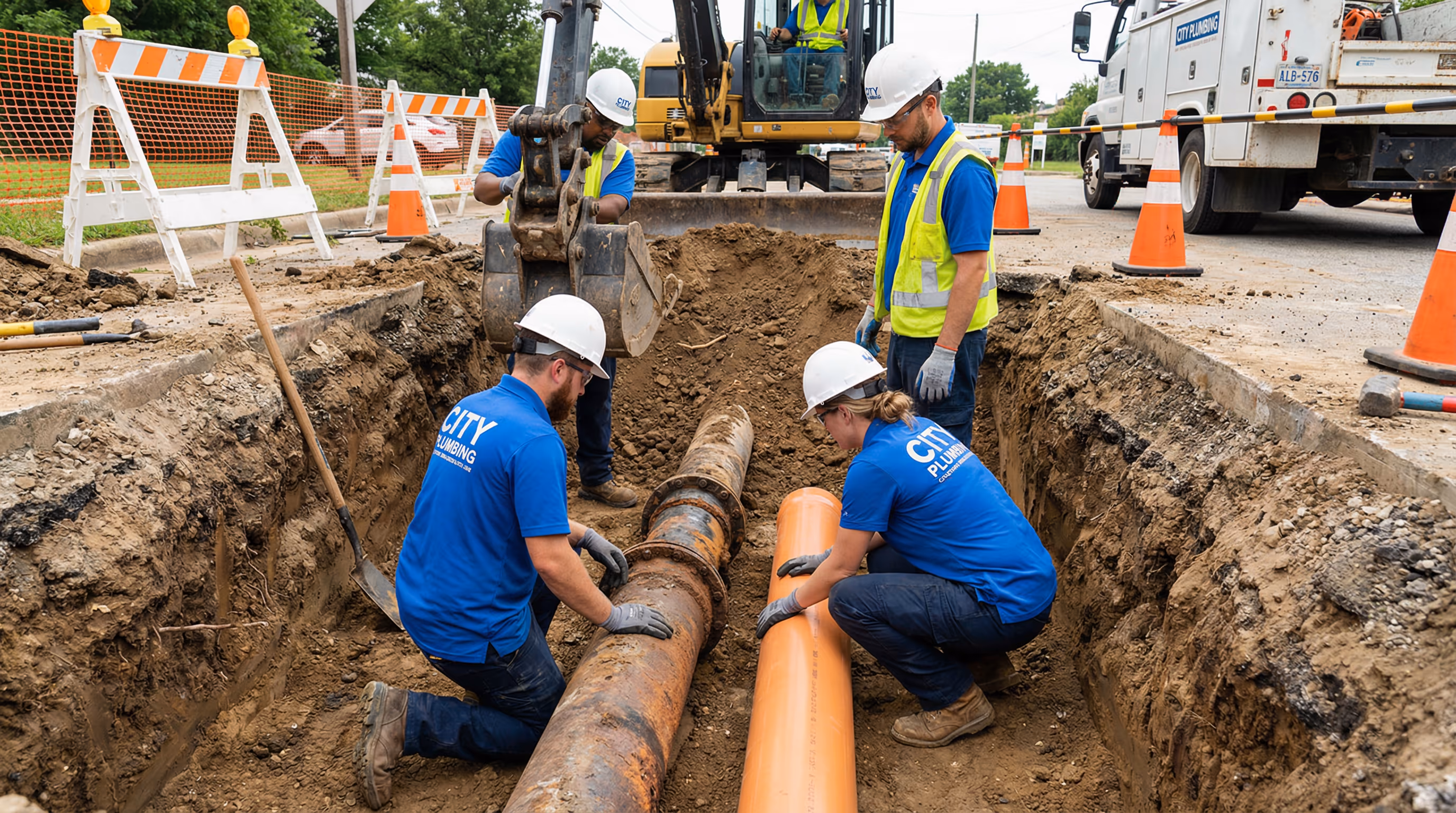 Equipe profissional reparando tubulação de esgoto