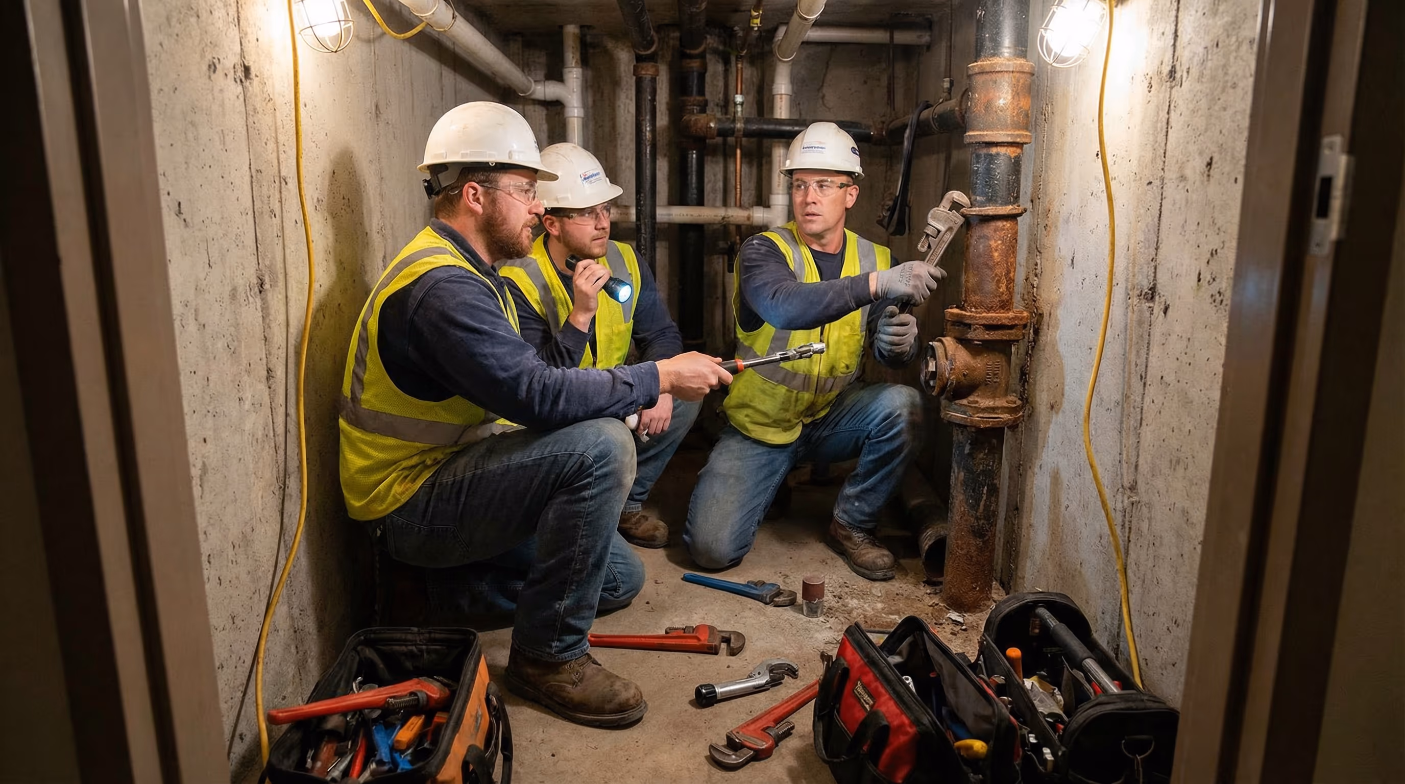 Equipe técnica reparando tubo de queda em prédio residencial