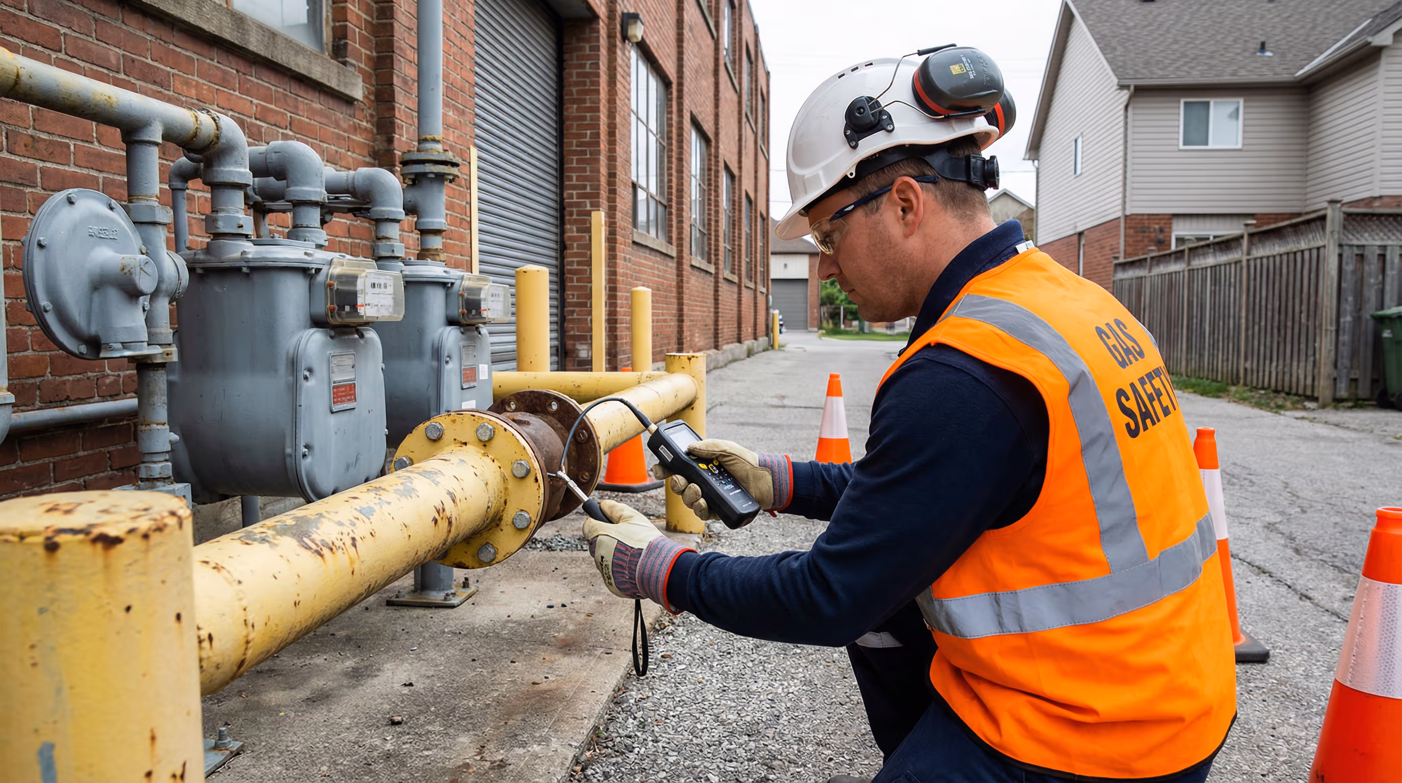 Técnico inspecionando tubulação de gás com equipamento especializado