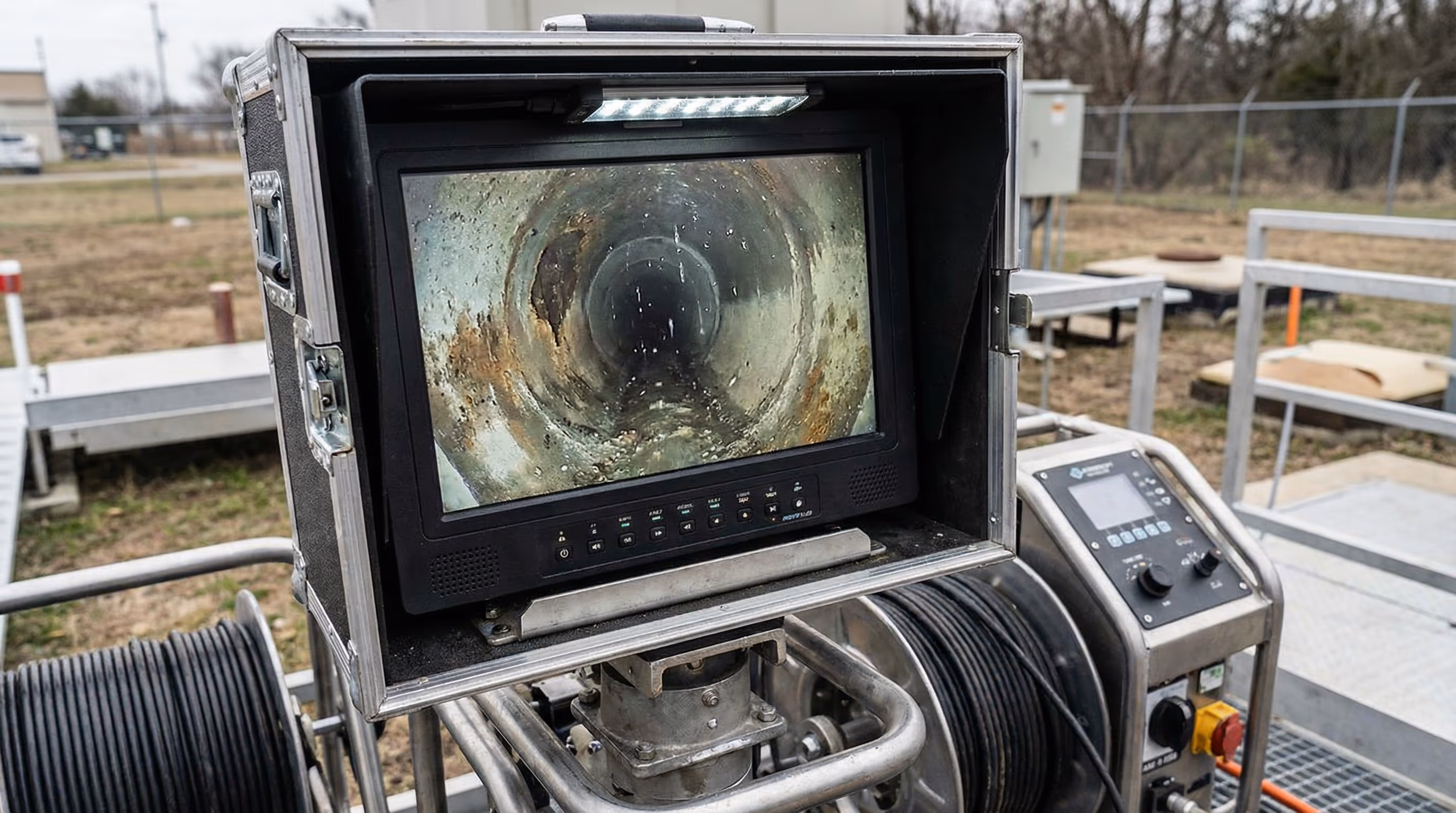 Monitor mostrando imagem interna de tubulação durante vídeo inspeção